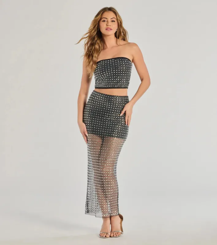 All That Shines Rhinestone Fishnet Maxi Skirt sold by Windsor