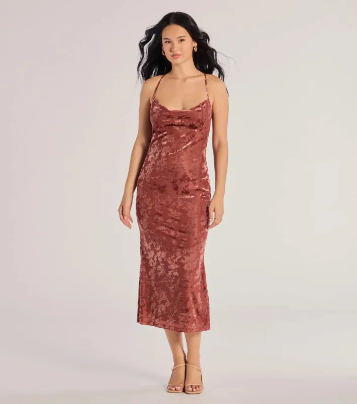 Charming Muse Open Back Flocked Velvet Midi Dress sold by Windsor