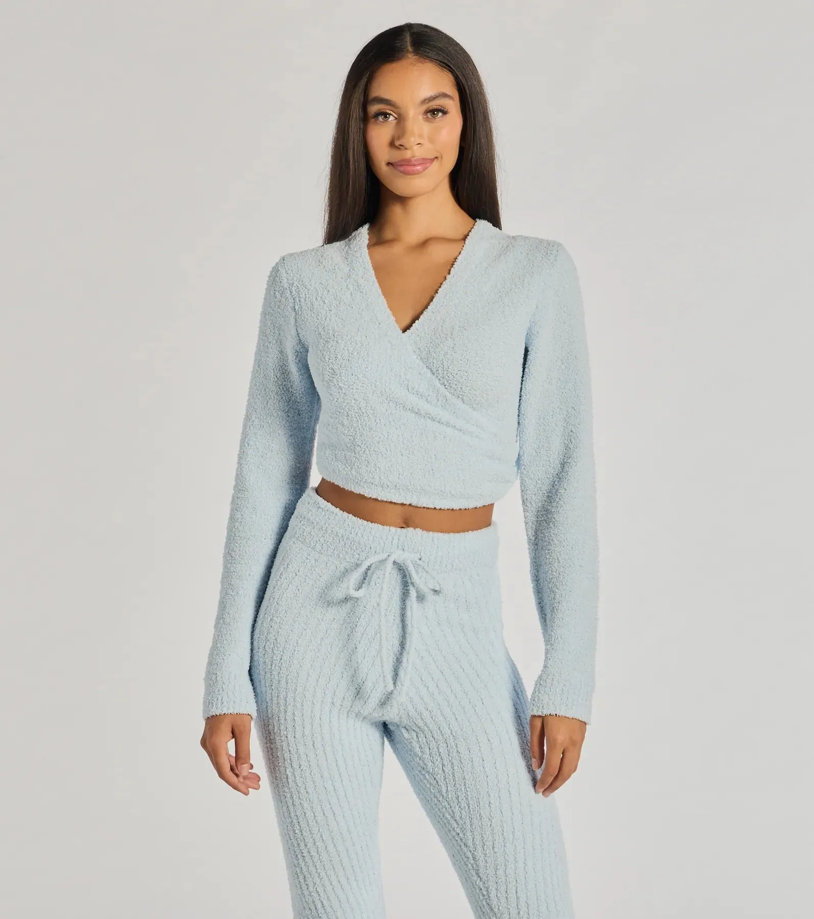 Cozy Life Chenille Knit Wrap-Front Crop Top sold by Windsor