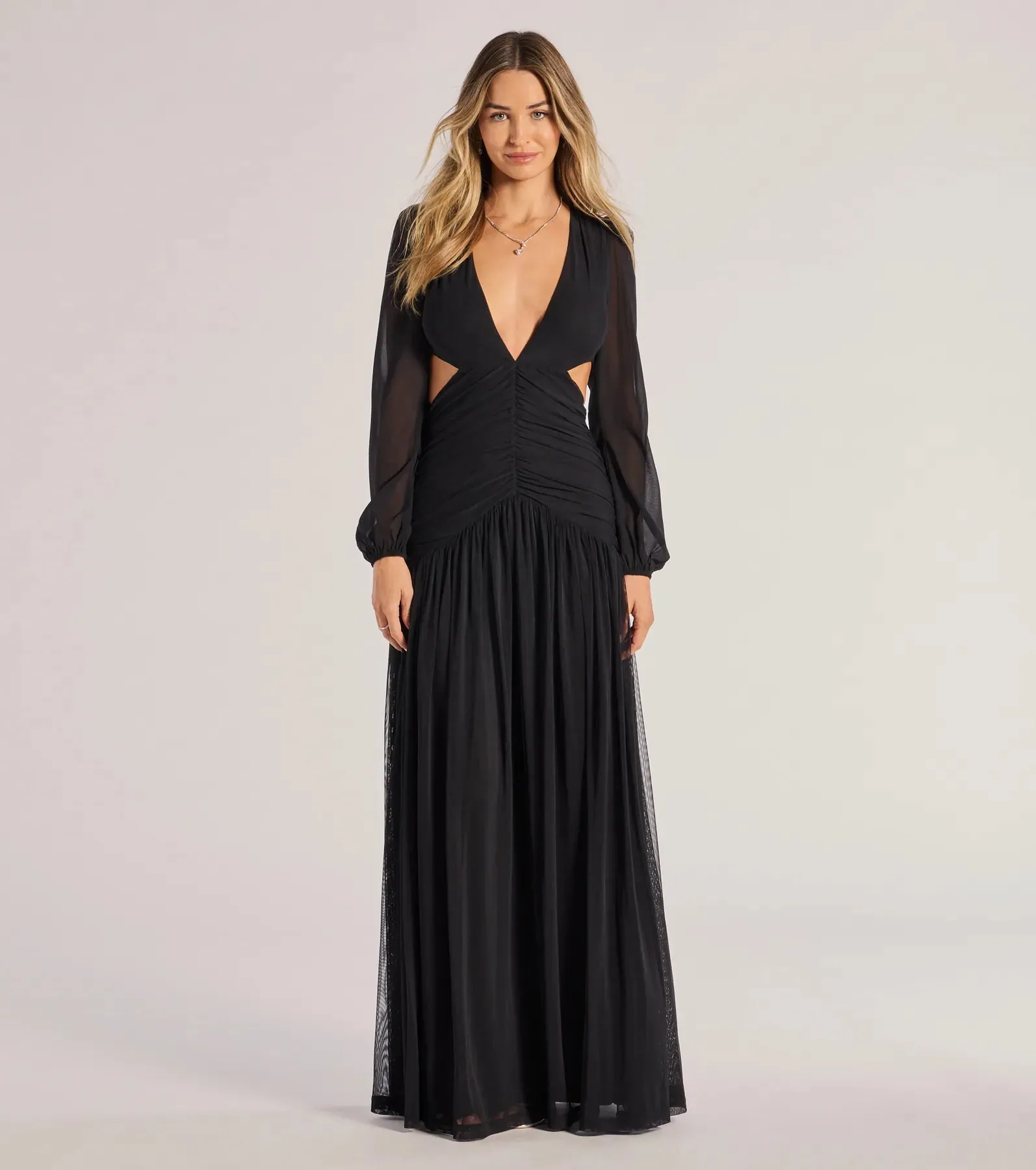 Adley Long Sleeve Cutout Mesh Formal Dress sold by Windsor