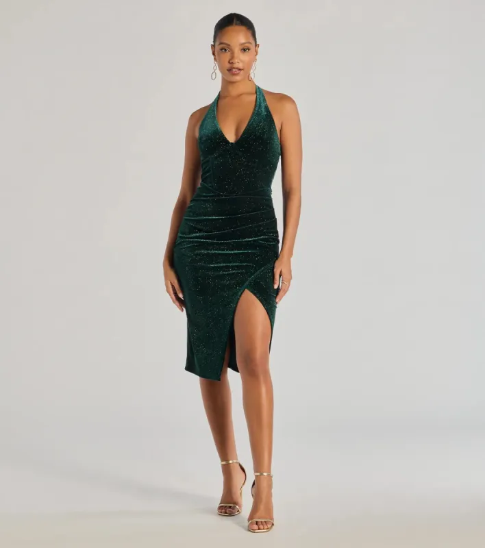 Sparkling Glam Velvet Glitter Halter Midi Dress sold by Windsor