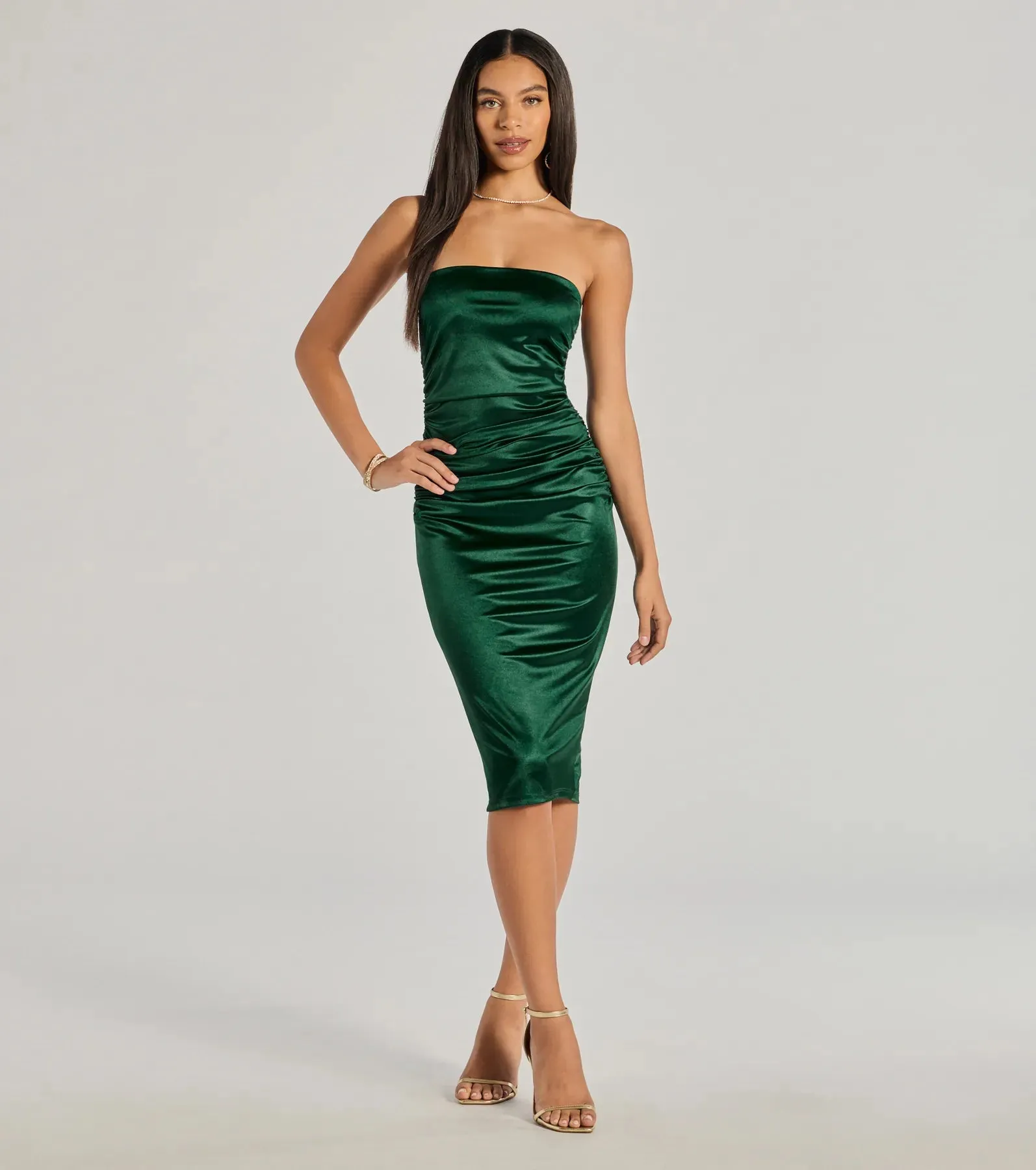 Luxe Sheen Strapless Ruched Satin Midi Dress sold by Windsor