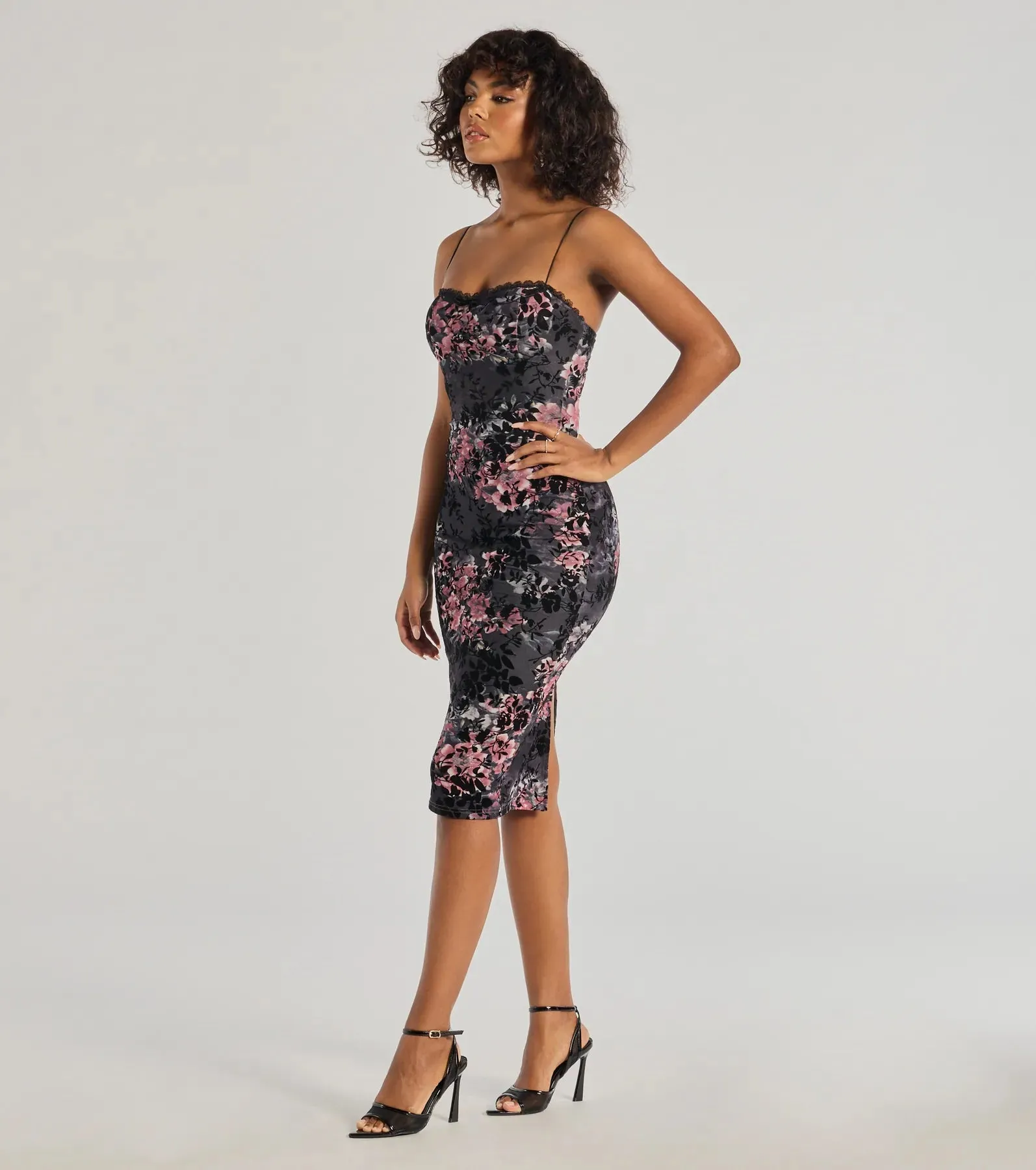 Flawless Look Flocked Floral Mesh Bodycon Midi Dress sold by Windsor product image thumbnail 4