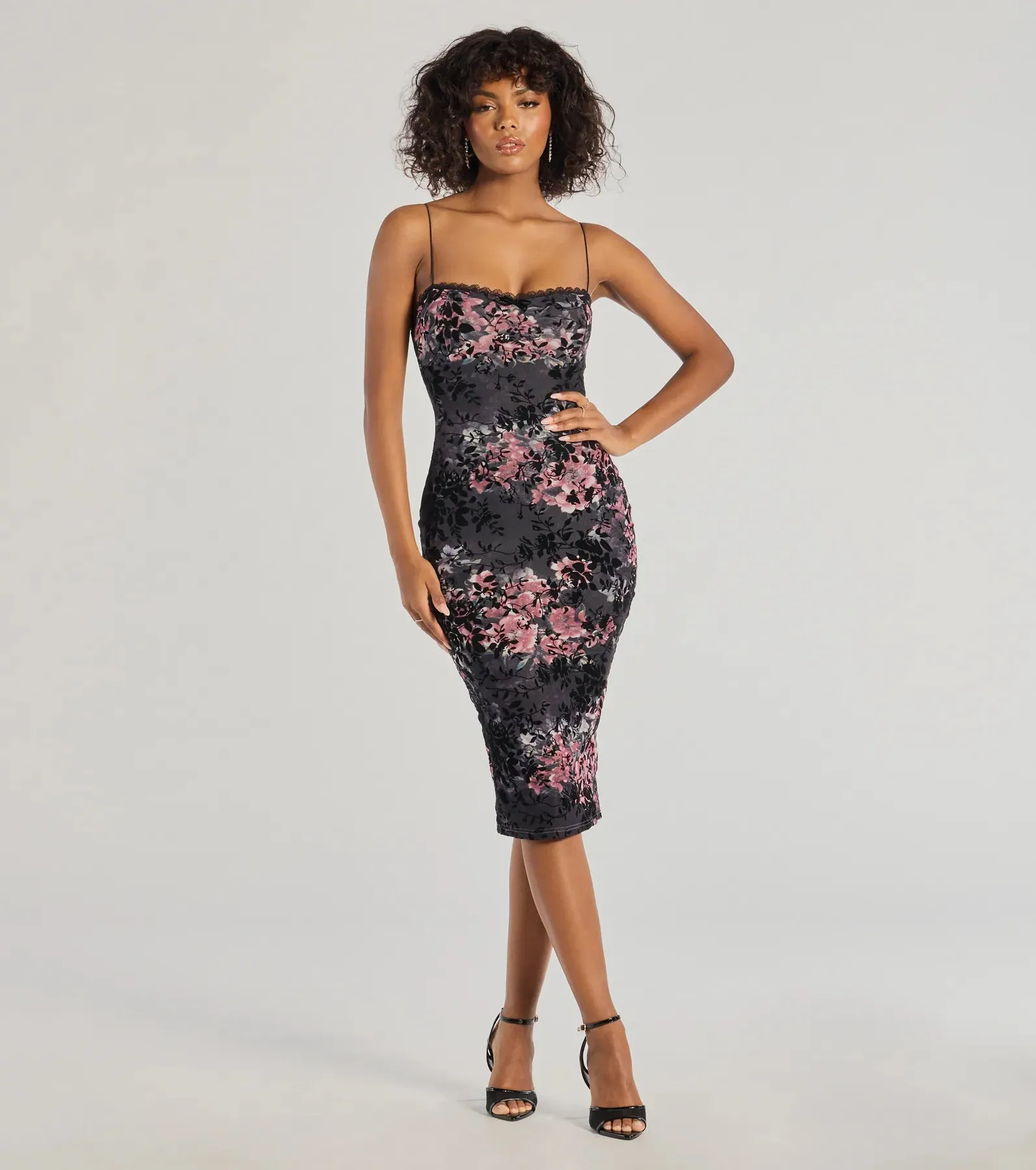 Flawless Look Flocked Floral Mesh Bodycon Midi Dress sold by Windsor