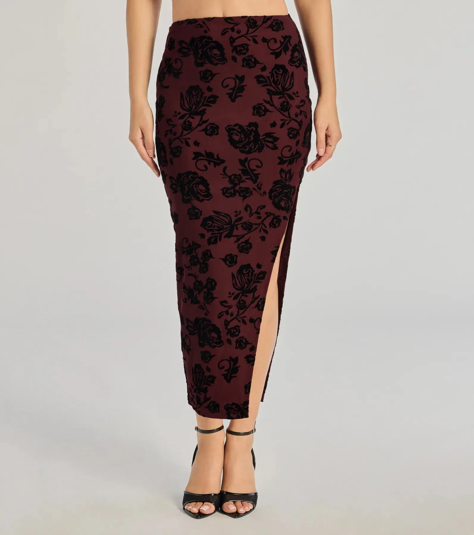 Luxe Wonder Flocked Velvet Floral Midi Skirt sold by Windsor product image thumbnail 4