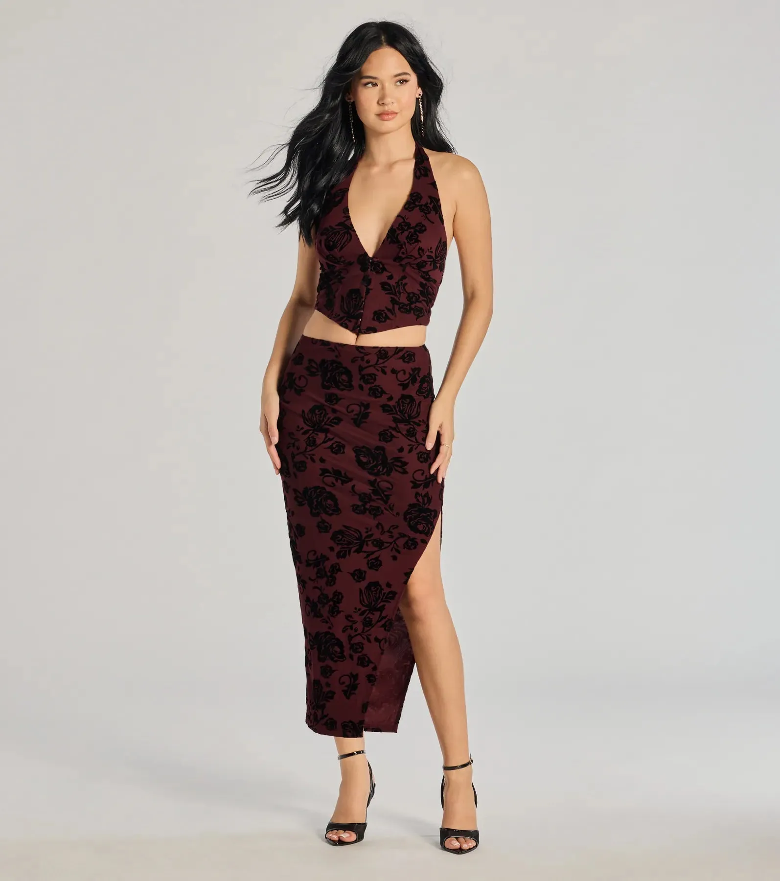 Luxe Wonder Flocked Velvet Floral Midi Skirt sold by Windsor