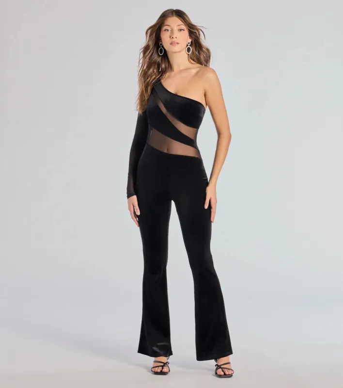Boldly Chic One-Shoulder Sheer Illusion Velvet Jumpsuit sold by Windsor