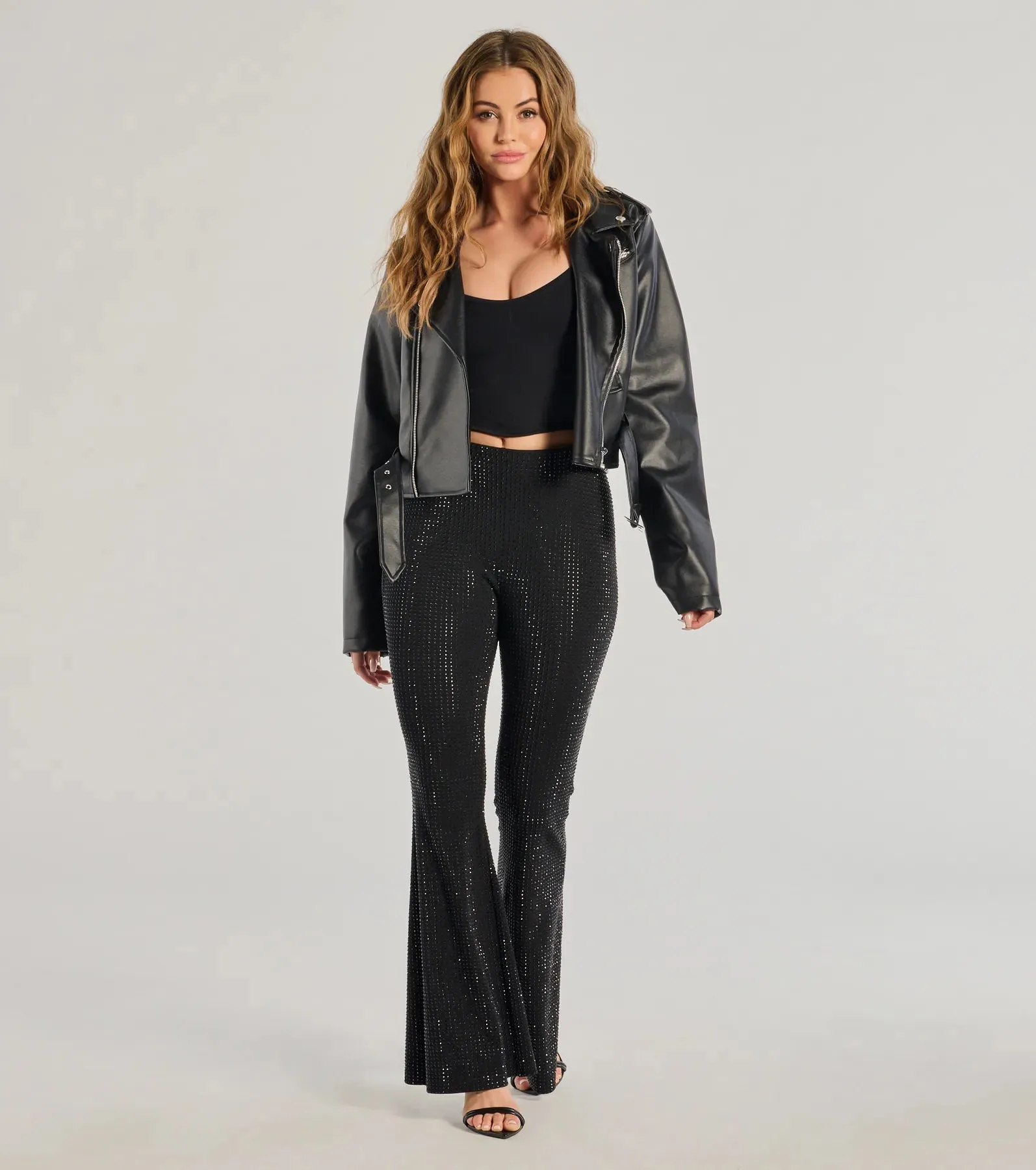 Glitzy Vibes Rhinestone Knit Flare Pants sold by Windsor