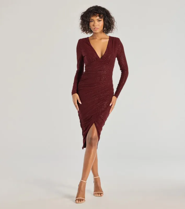 Rhea Long Sleeve Wrap Glitter Midi Dress sold by Windsor