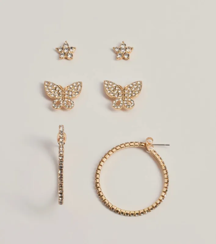 Gleaming Charm Rhinestone Three-Pack Earring Set sold by Windsor