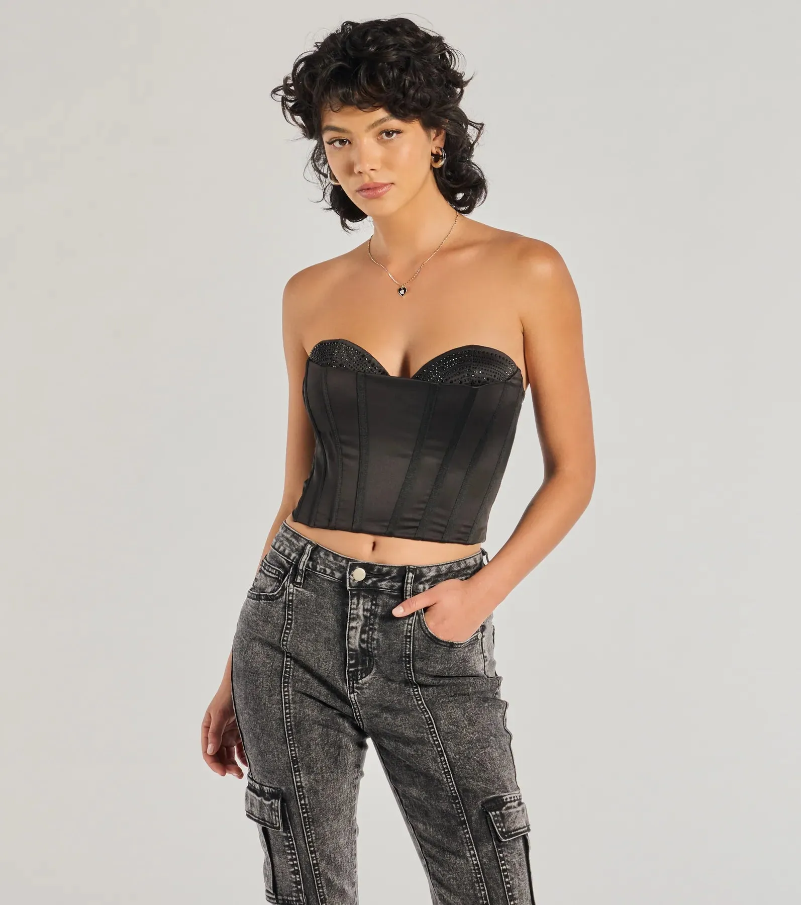 Glam Alert Satin And Rhinestone Corset Top sold by Windsor