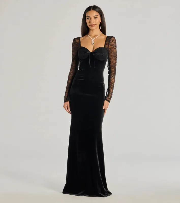 Jaya Long Sleeve Lace And Velvet Mermaid Dress sold by Windsor