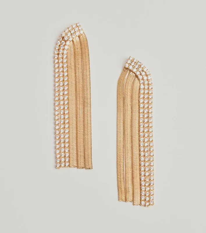 Edgy Sparkle Rhinestone Snake Chain Fringe Earrings sold by Windsor