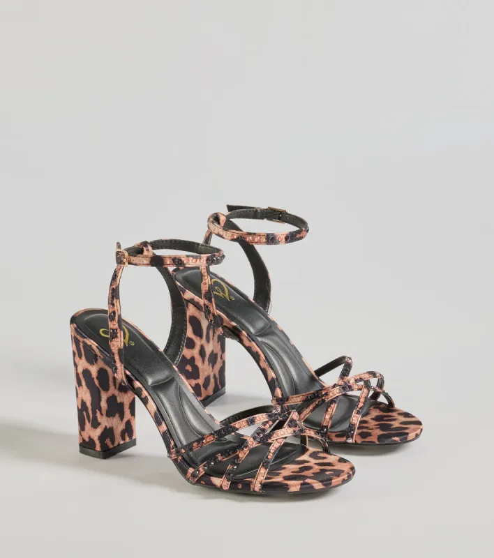 Sassy Rhinestone Strappy Leopard Print Block Heels sold by Windsor