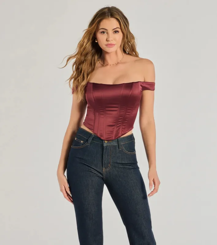 Chic Sleek Satin Off-The-Shoulder Corset Top sold by Windsor