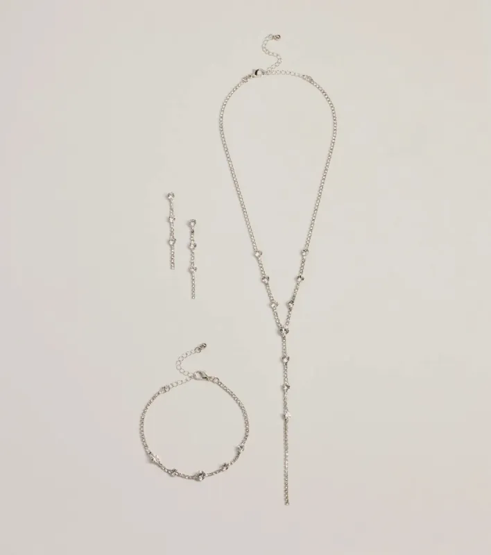 Glam Rhinestone Lariat Necklace, Bracelet, And Earrings Set sold by Windsor