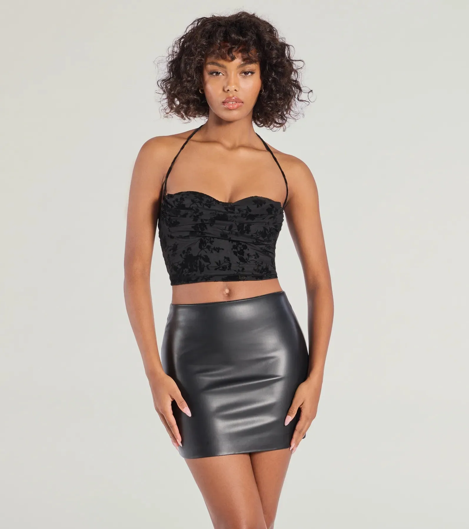 Chic Flirt Velvet Flocked Floral Halter Bustier Top sold by Windsor