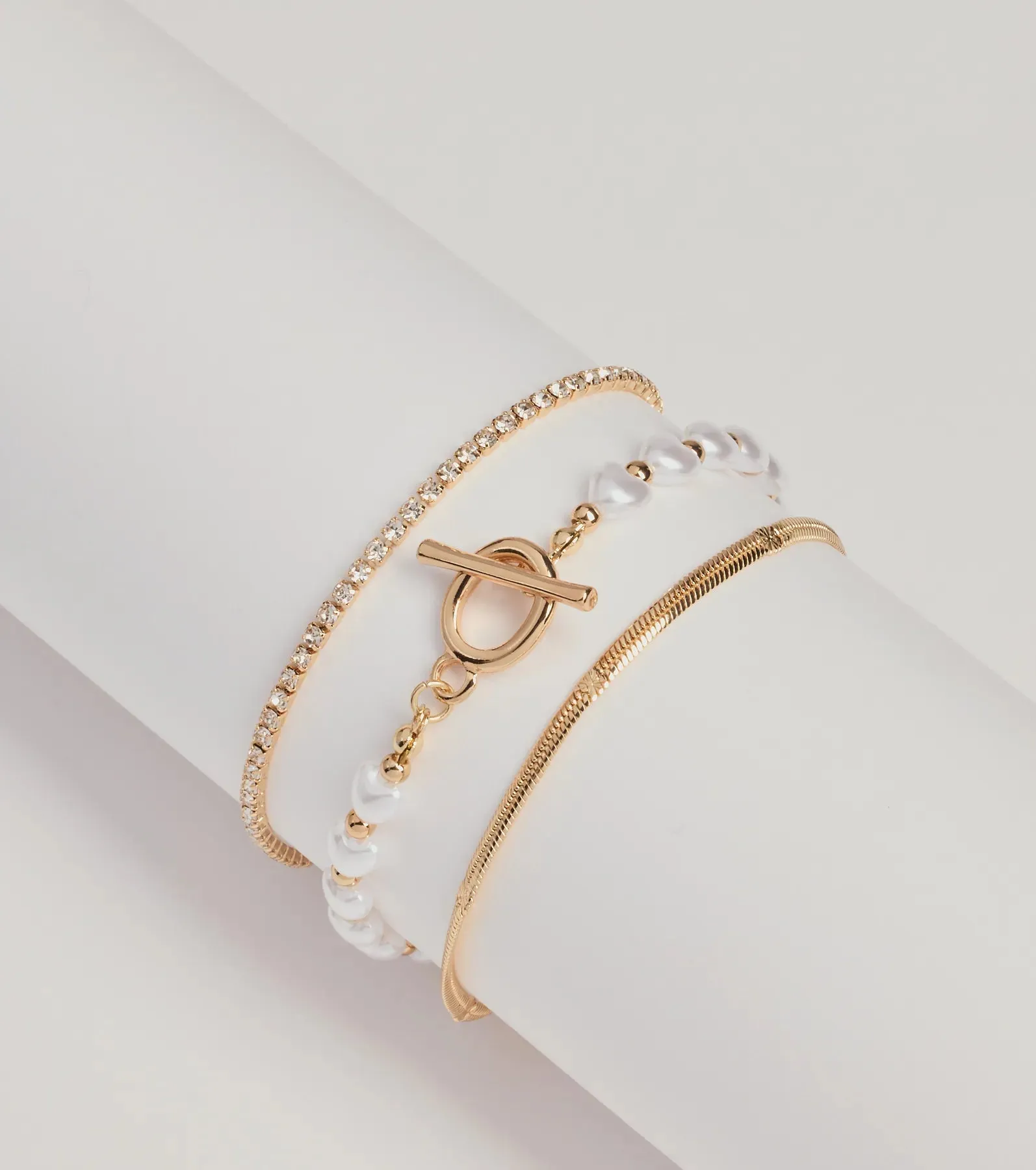 Dainty Chic Faux Pearl And Rhinestone Three-Pack Bracelet Set sold by Windsor