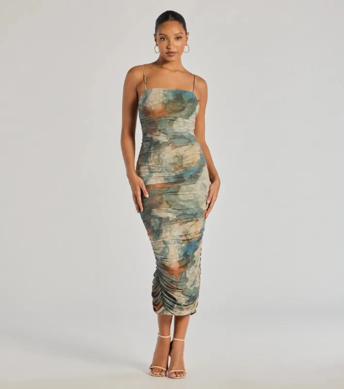 Muse Dream Abstract Print Ruched Midi Dress sold by Windsor