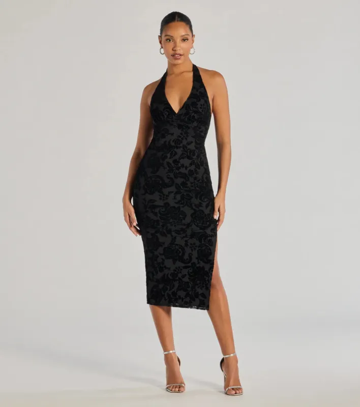 Refined Charm Flocked Velvet Halter Midi Dress sold by Windsor