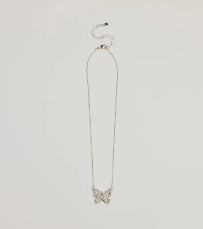 Fluttery Glam Rhinestone Butterfly Pendant Necklace sold by Windsor