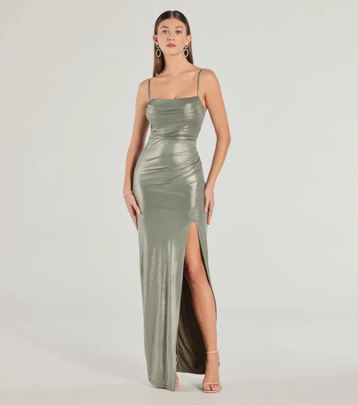 Maia High-Slit Foiled Long Dress sold by Windsor