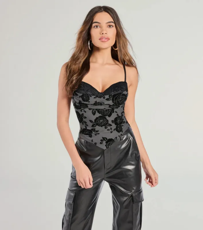 Sultry Stunner Floral Velvet Burnout Bustier Top sold by Windsor