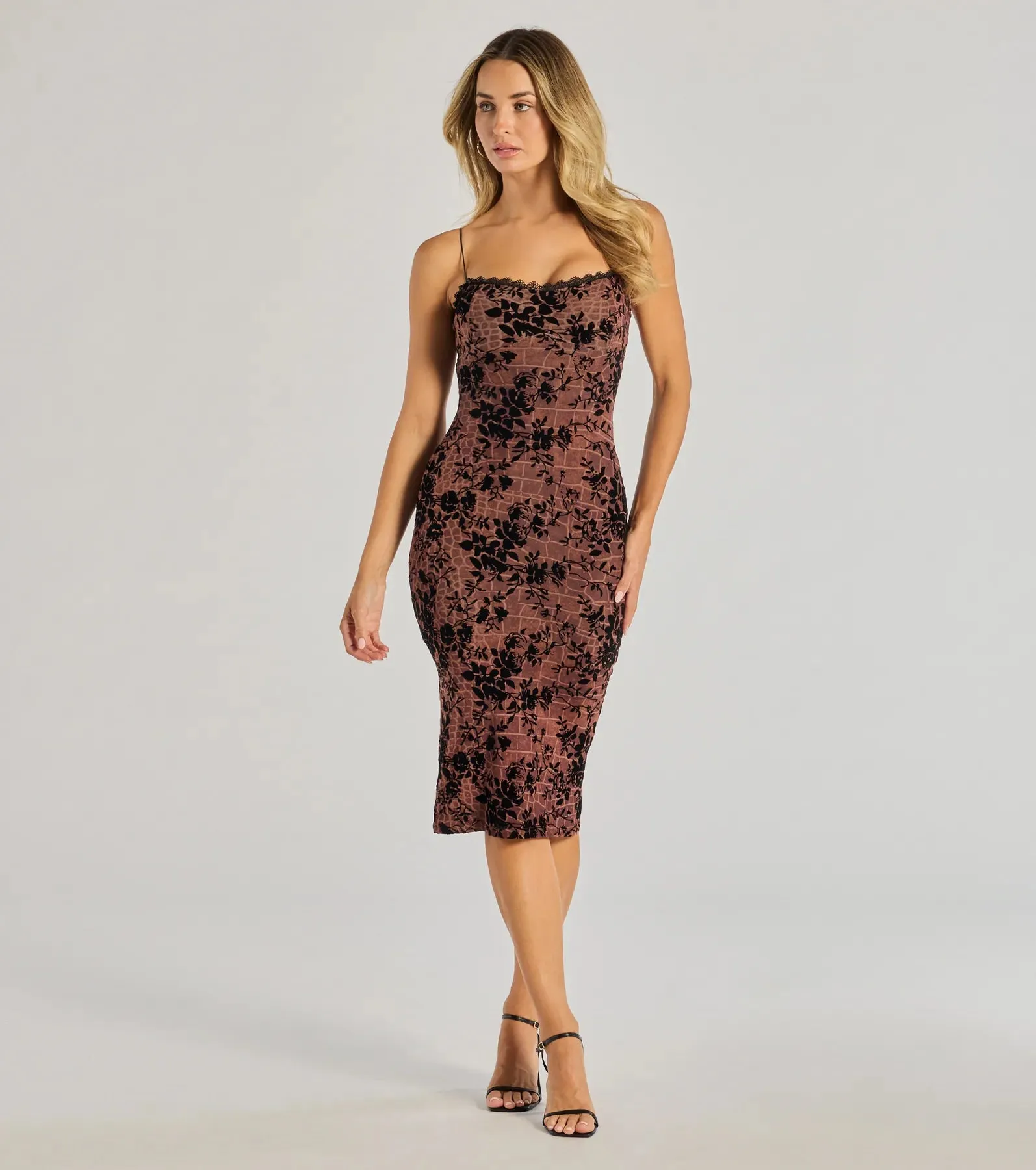 Flawless Look Flocked Floral Mesh Bodycon Midi Dress sold by Windsor