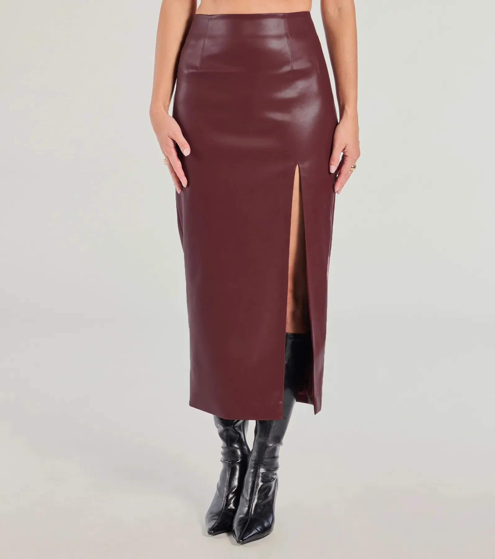 Chic Moment High-Slit Faux Leather Midi Skirt sold by Windsor product image thumbnail 4