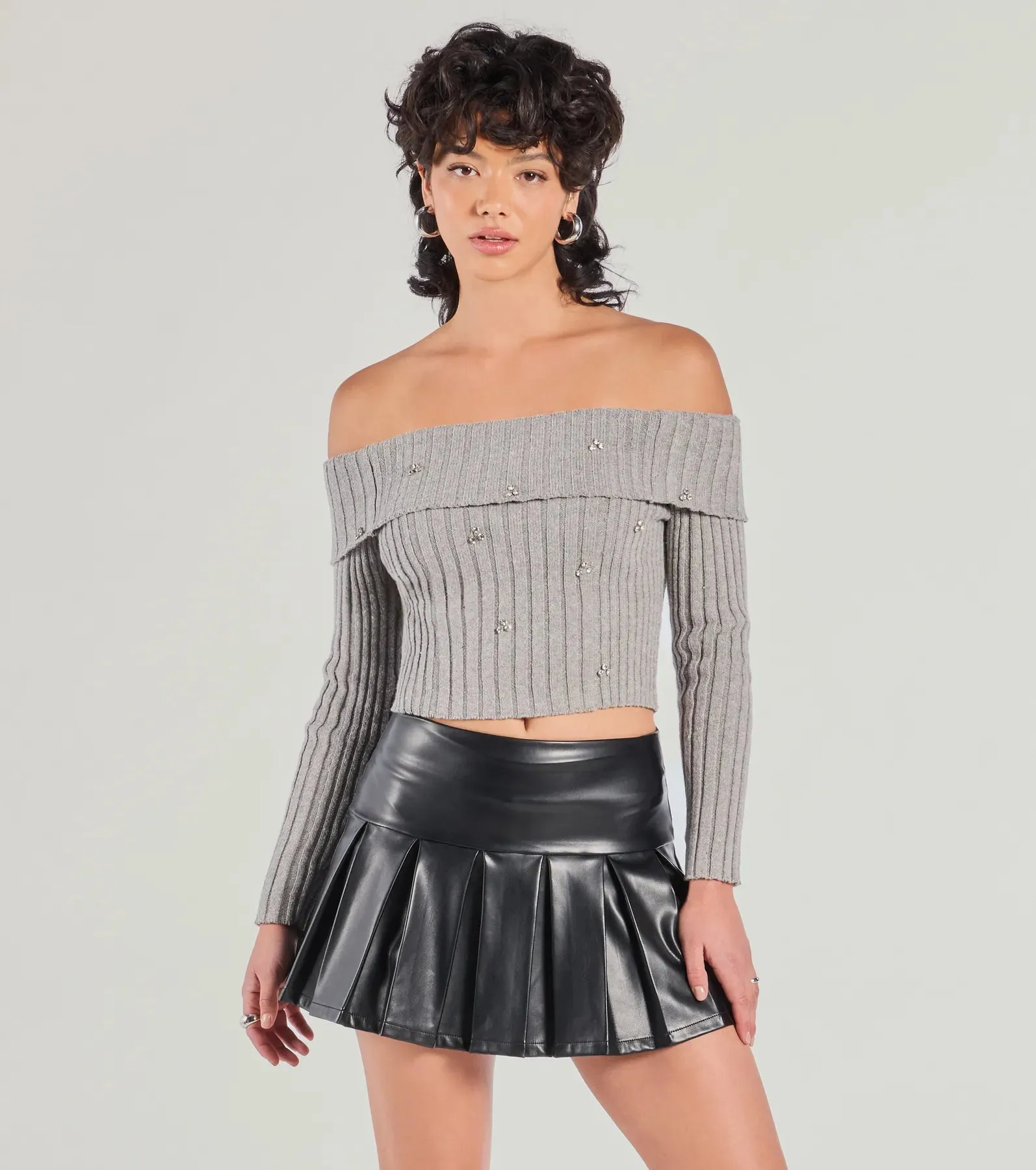 Cozy Glitz Off-The-Shoulder Rhinestone Sweater sold by Windsor