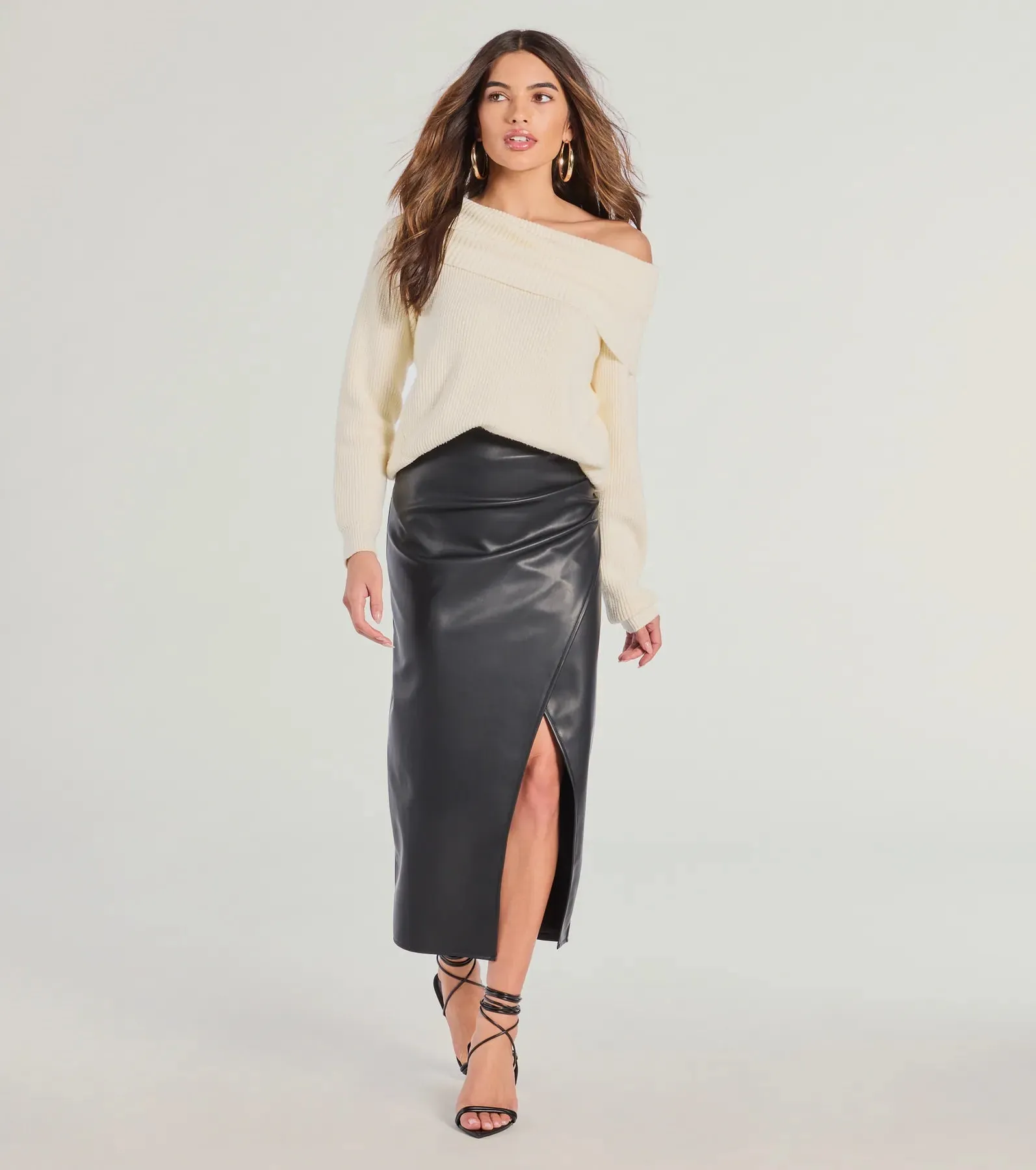 Sleek Ambition Faux Leather Wrap Midi Skirt sold by Windsor
