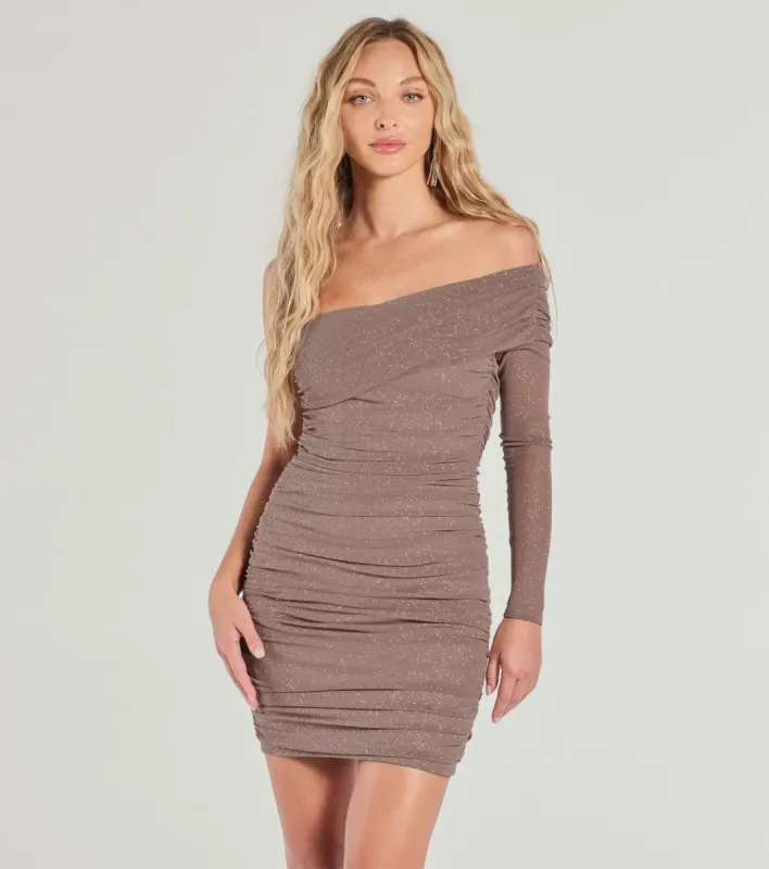 Glimmer Nights Off-The-Shoulder Glitter Mini Dress sold by Windsor
