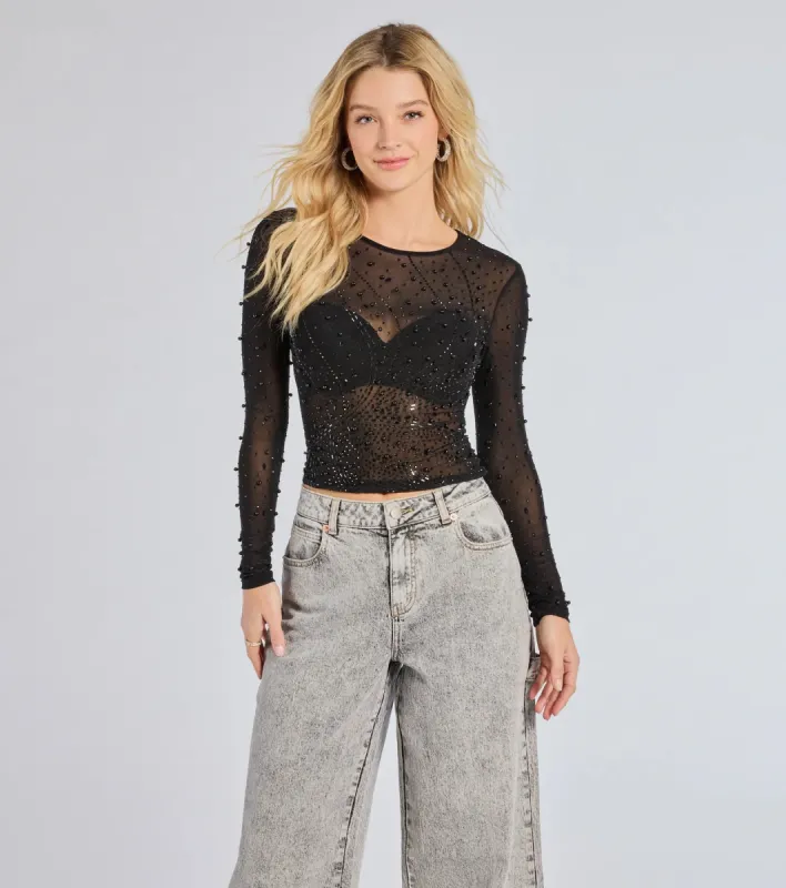 Sheer Glitz Long Sleeve Beaded Rhinestone Crop Top sold by Windsor