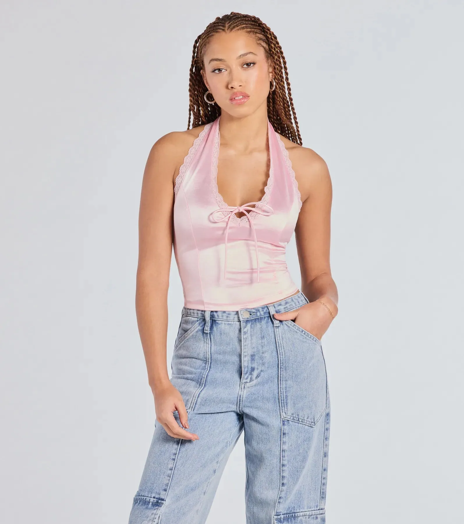Lace Be Real Halter Satin Crop Top sold by Windsor