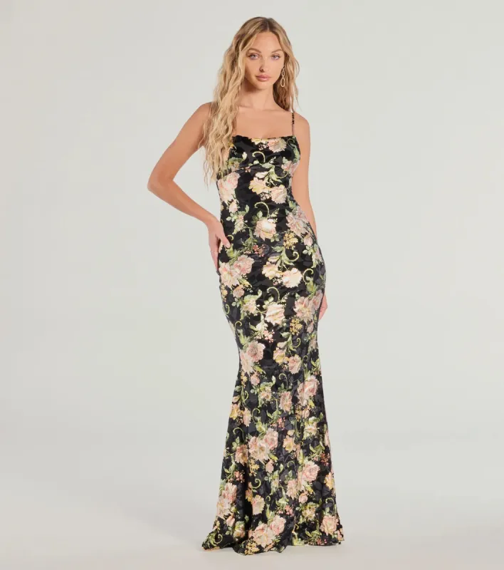 Drea Floral Velvet Burnout Lace-Up Mermaid Dress sold by Windsor