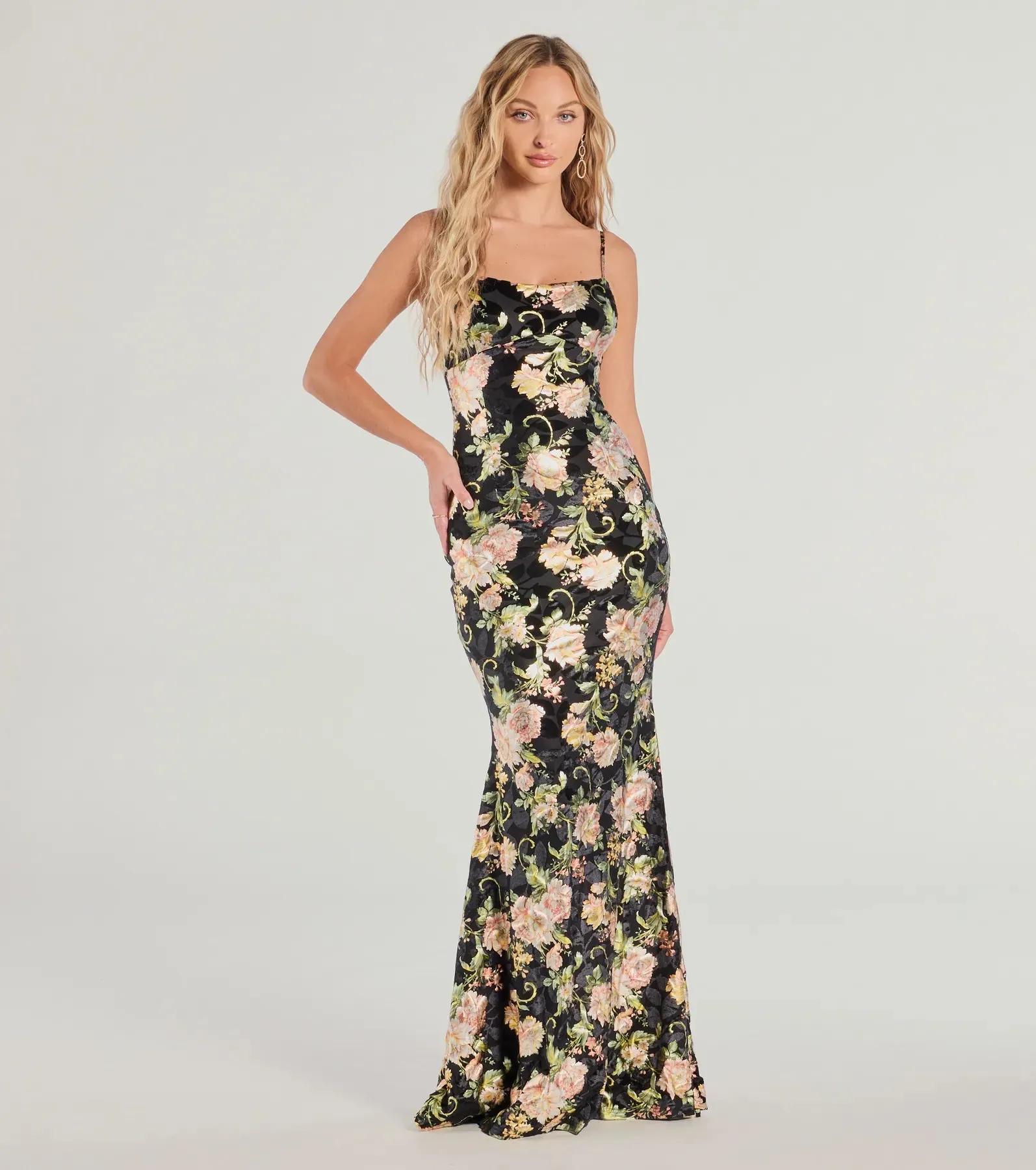 Drea Floral Velvet Burnout Lace-Up Mermaid Dress sold by Windsor