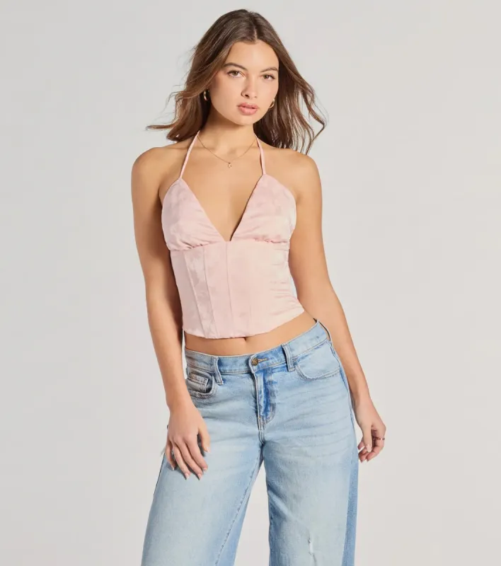 All The Feels Halter Lace-Up Floral Satin Corset Top sold by Windsor