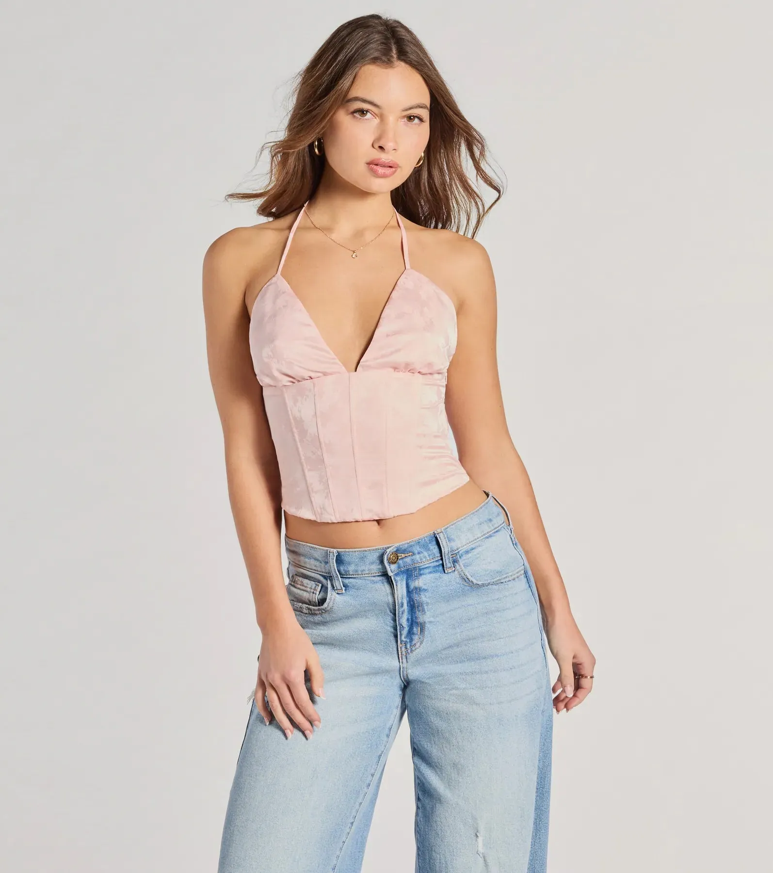 All The Feels Halter Lace-Up Floral Satin Corset Top sold by Windsor