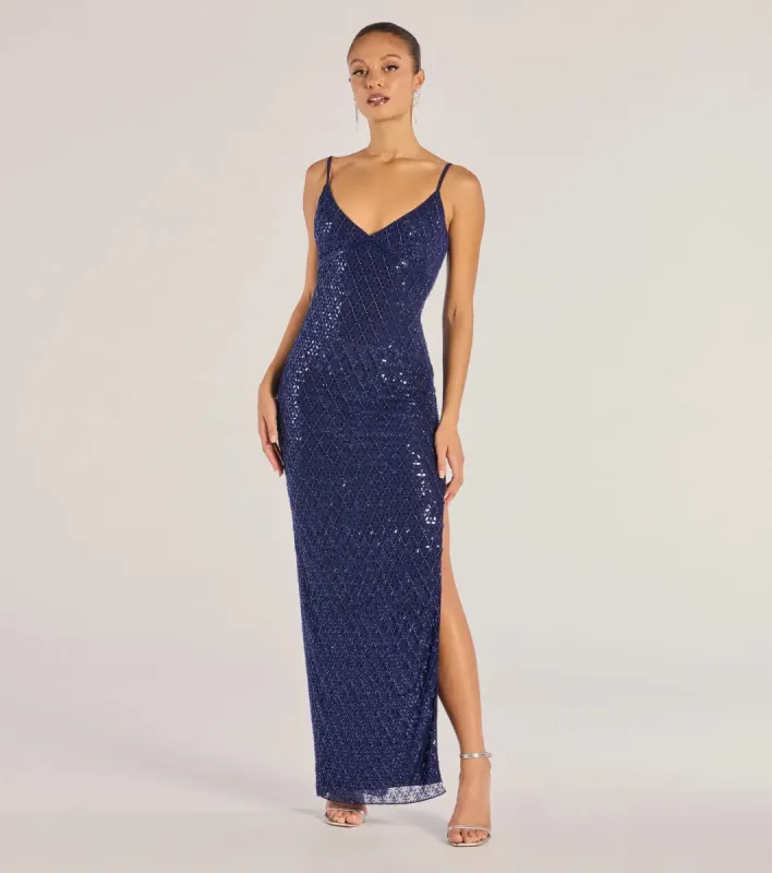 Dovie Sequin Beaded Mesh Column Dress sold by Windsor