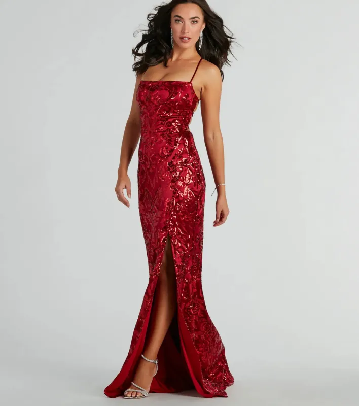 Marisol Lace-Up Column Sequin Satin Formal Dress sold by Windsor