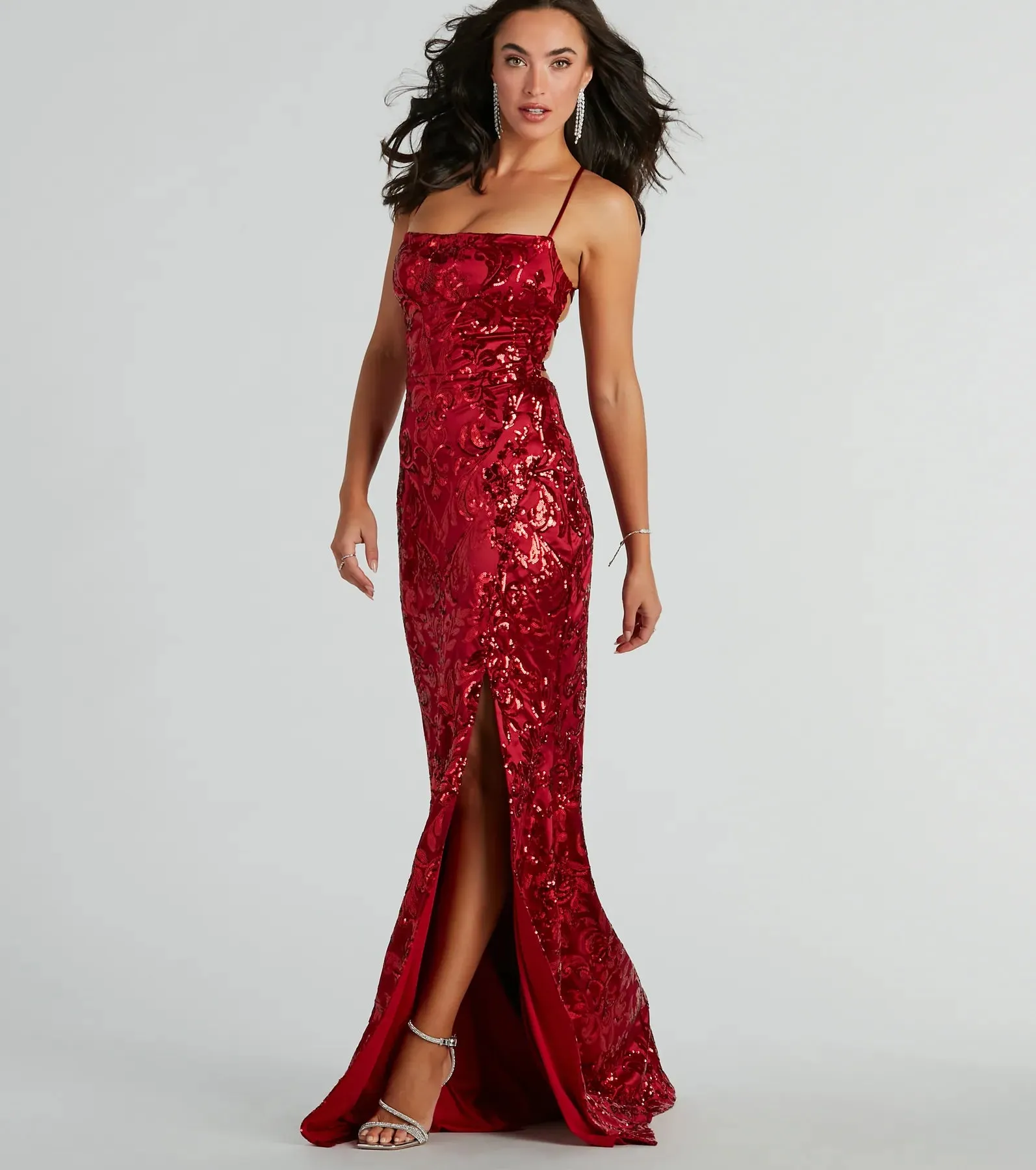 Marisol Lace-Up Column Sequin Satin Formal Dress sold by Windsor