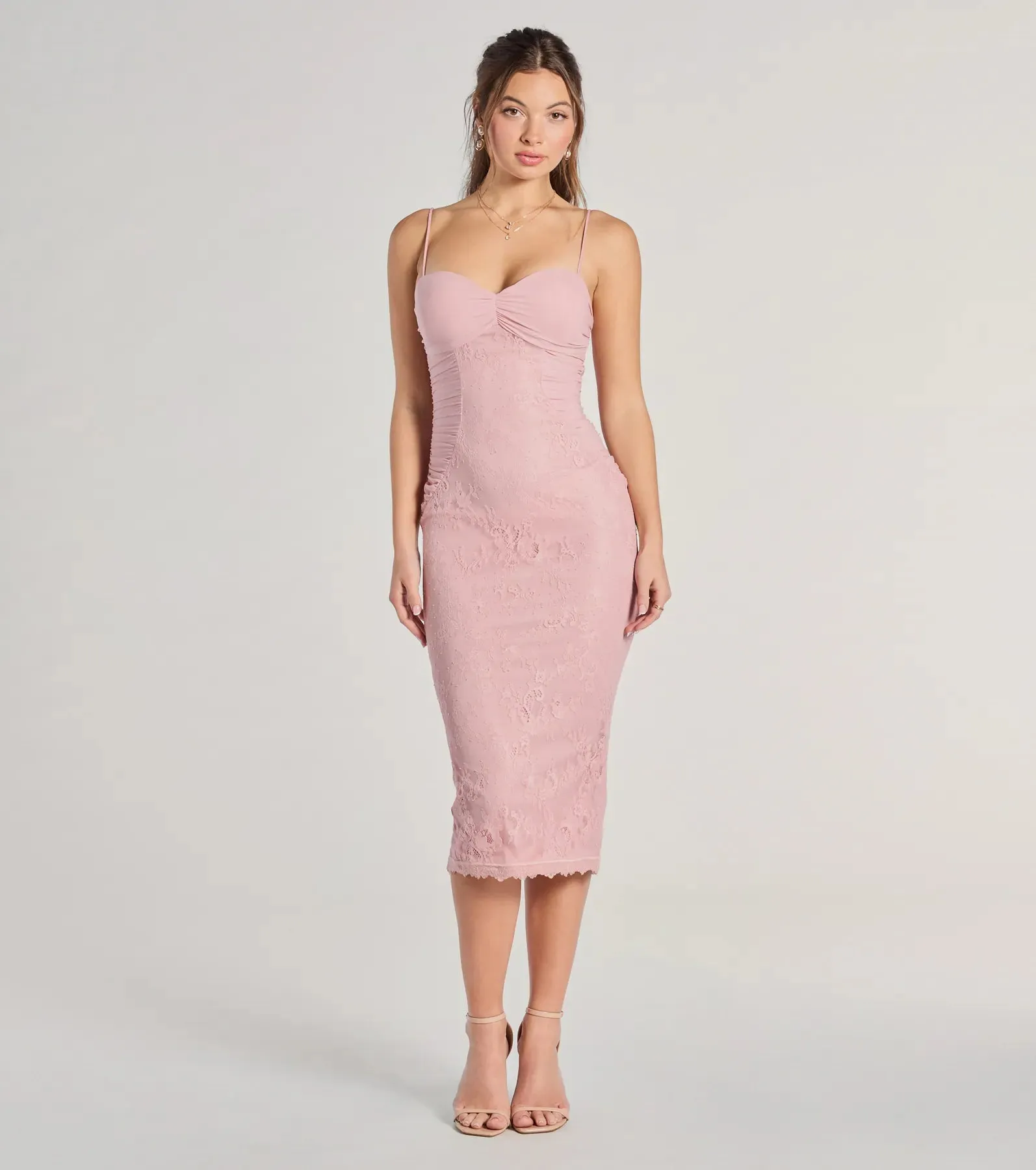 In For Romance Lace Mesh Bodycon Midi Dress sold by Windsor