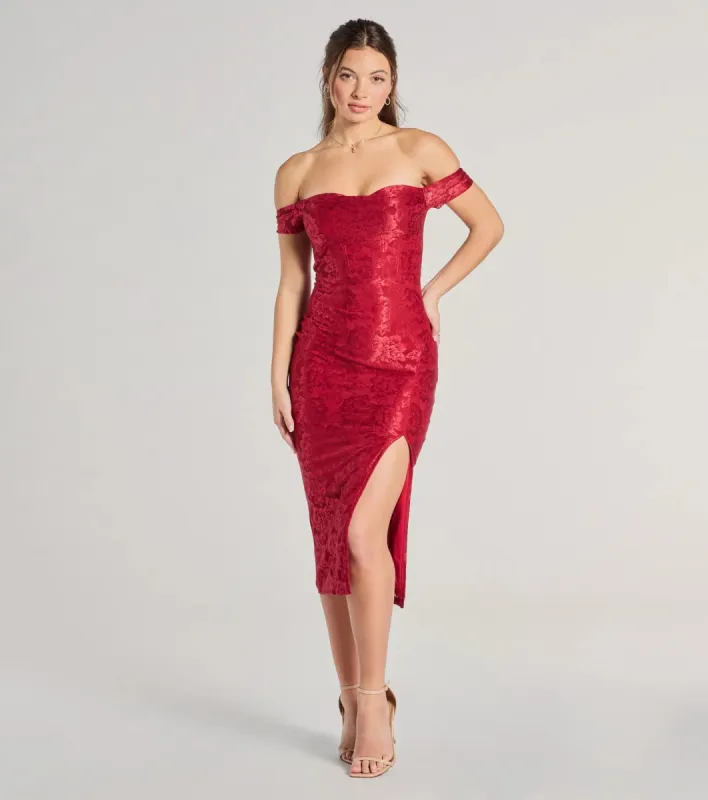 Show Me Romance Off-The-Shoulder Lace Midi Dress sold by Windsor