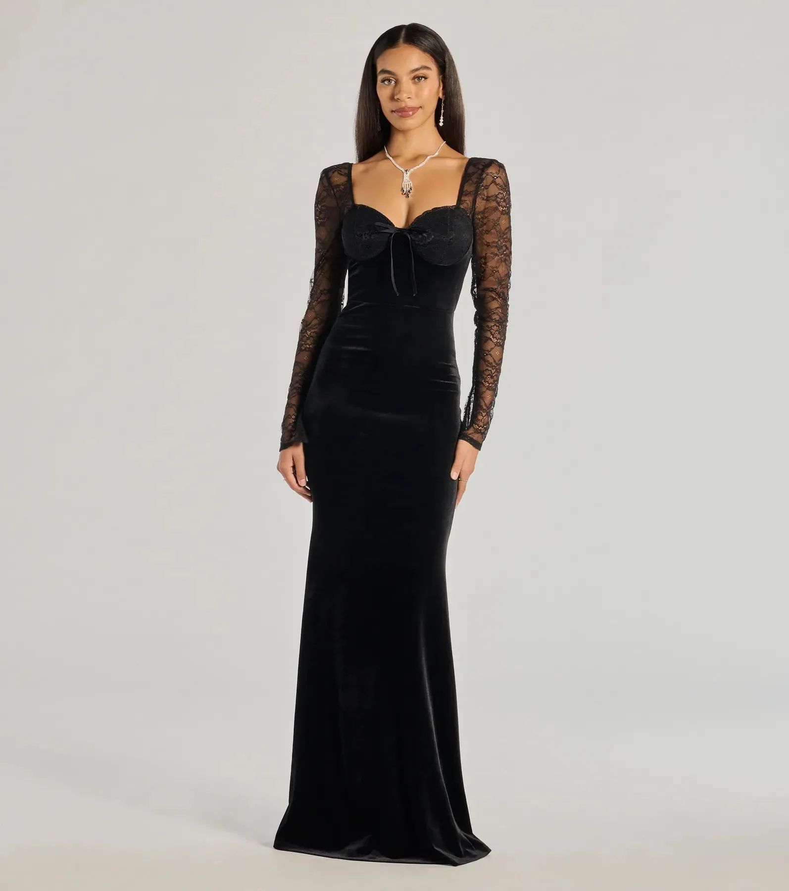 Jaya Long Sleeve Lace And Velvet Slim Dress sold by Windsor