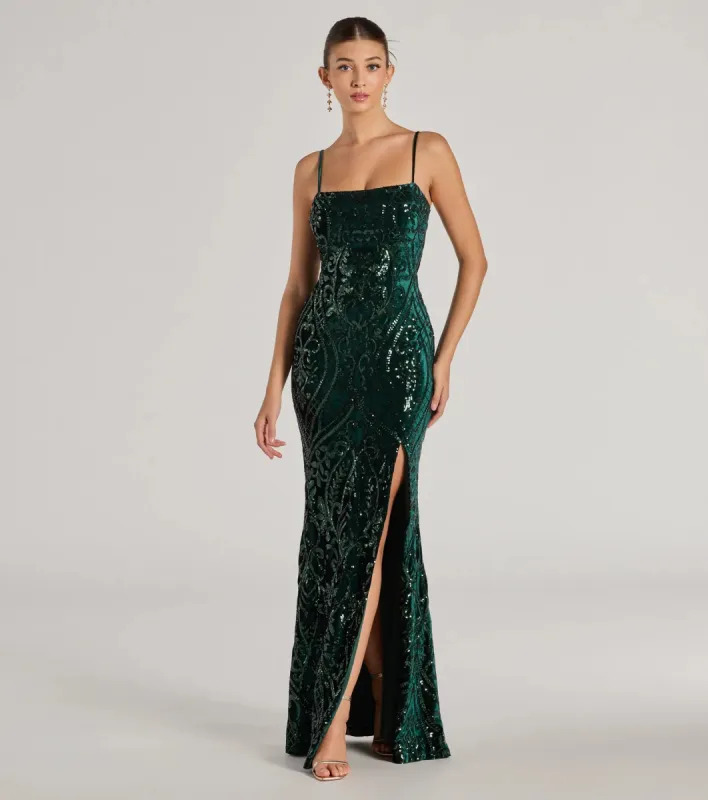 Lilia Sequin Velvet High Slit Column Dress sold by Windsor