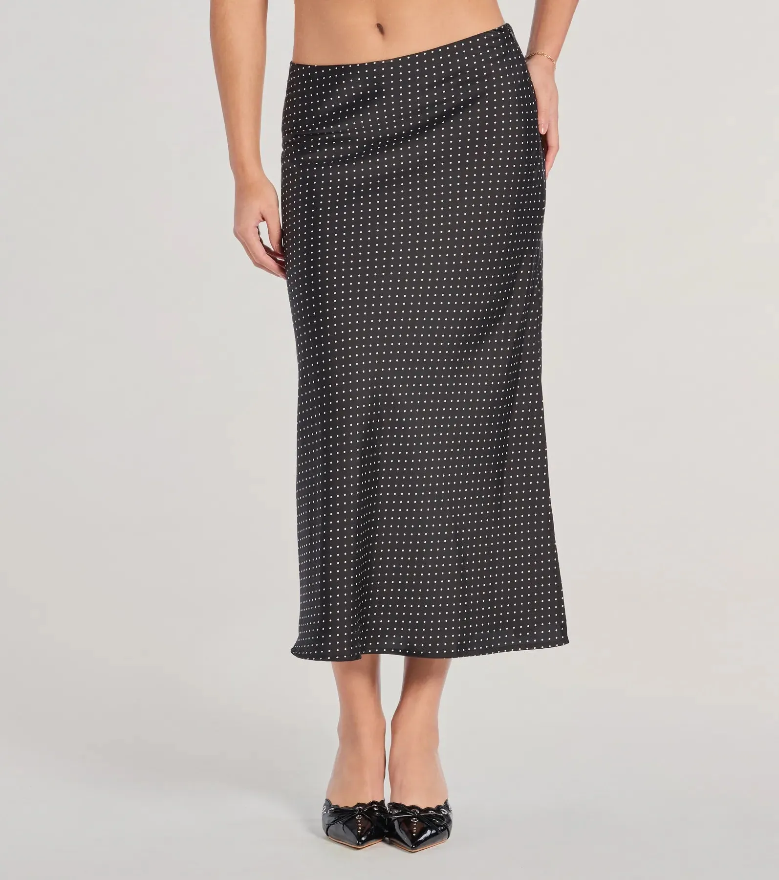 There She Goes High-Rise Slit Polka Dot Satin Midi Skirt sold by Windsor product image thumbnail 4