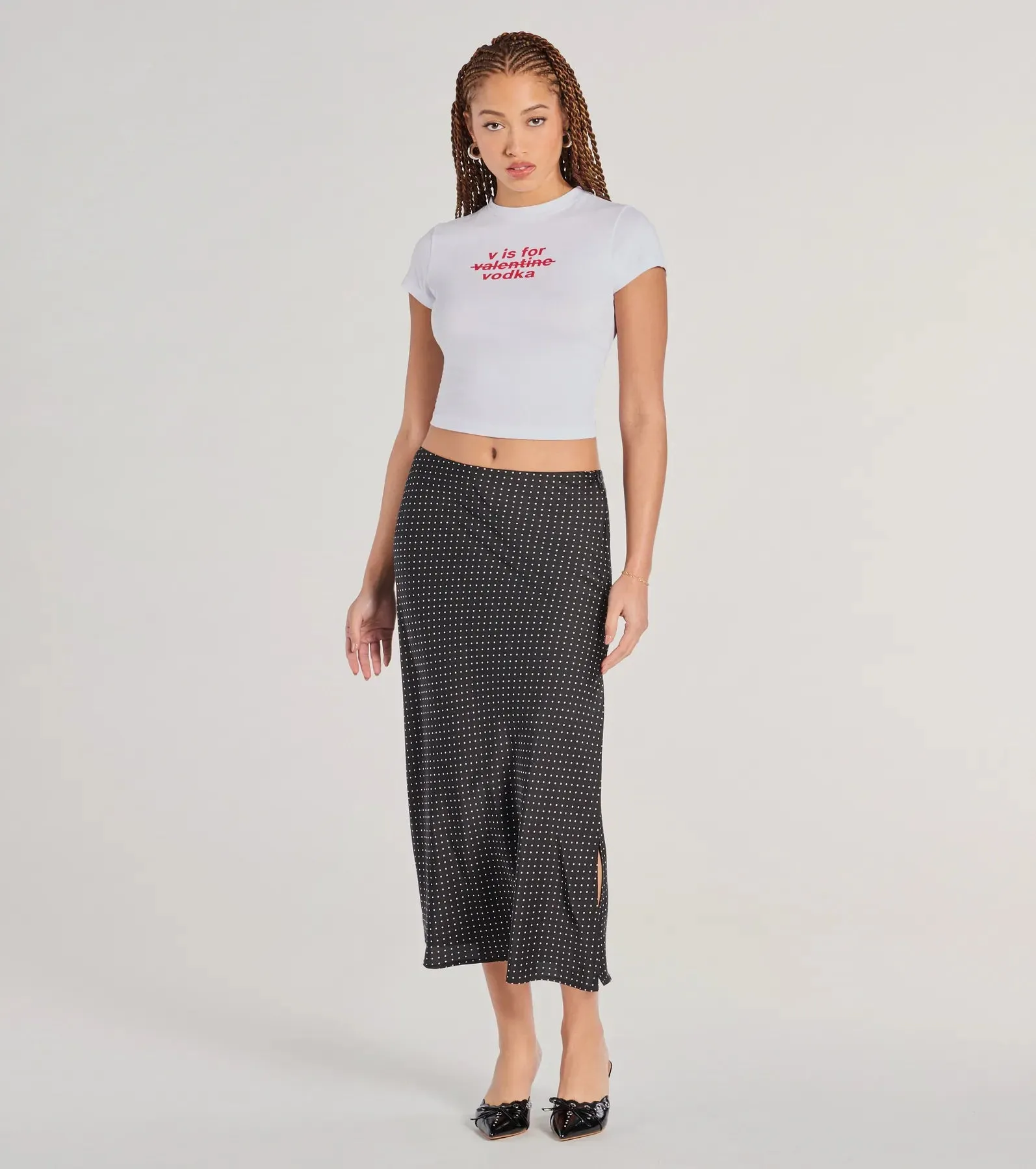 There She Goes High-Rise Slit Polka Dot Satin Midi Skirt sold by Windsor