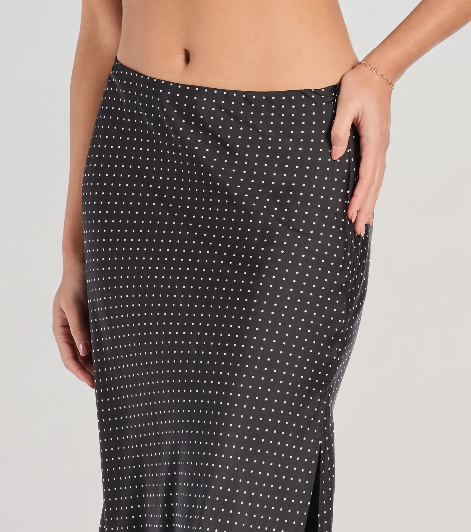 There She Goes High-Rise Slit Polka Dot Satin Midi Skirt sold by Windsor product image thumbnail 3