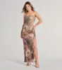 Turn Heads Abstract Print Strapless High Slit Maxi Dress sold by Windsor