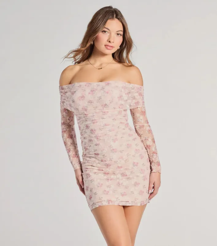 In The Garden Off-The-Shoulder Floral Mesh Mini Dress sold by Windsor